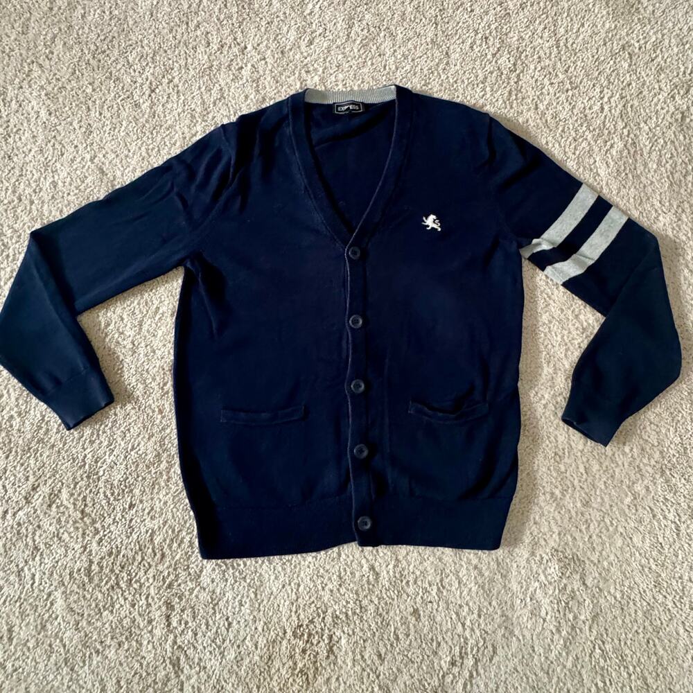 2010s Express Men Cardigan Varsity Collegiate Blue Gray Medium Preppy Classic